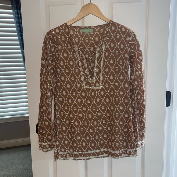 LeTarte Longsleeve Keyhole BOHO Skull Swim Coverup Brown White Patterned Tunic S - Picture 5 of 9